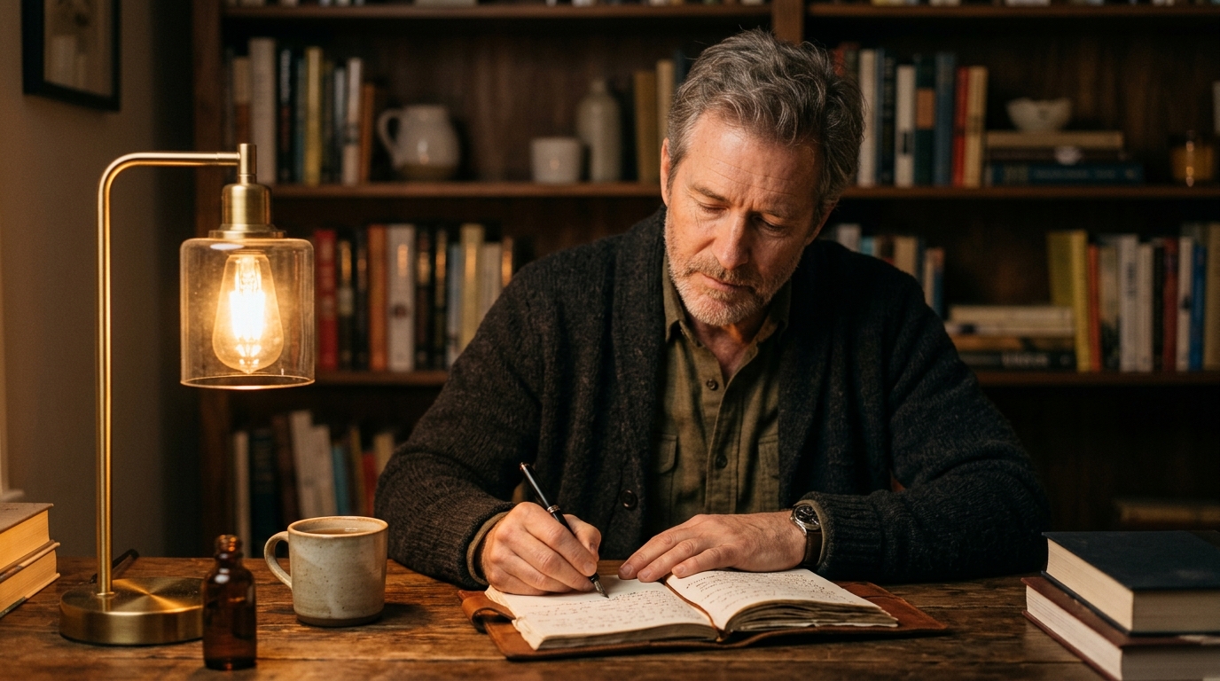 man writing journal desk lamp thoughtful