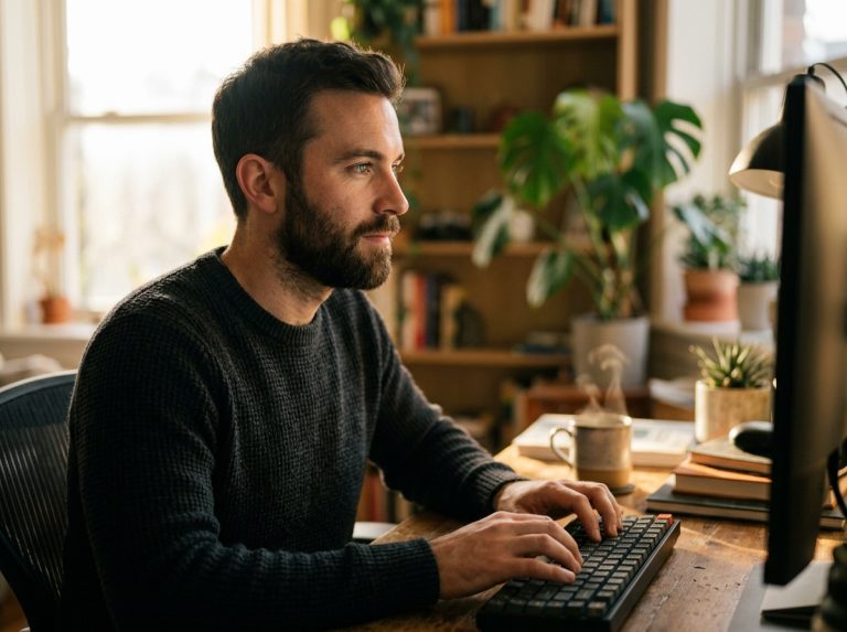 Man working comfortably at computer screen