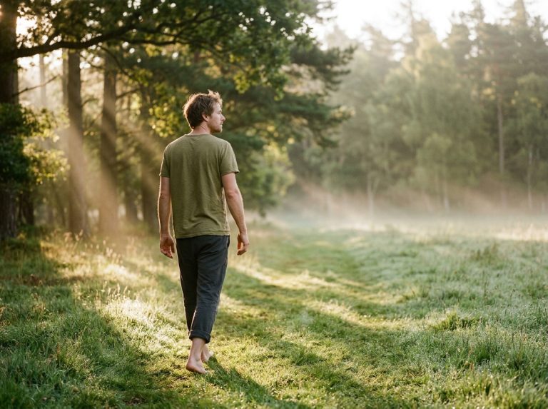 man walking barefoot on morning grass