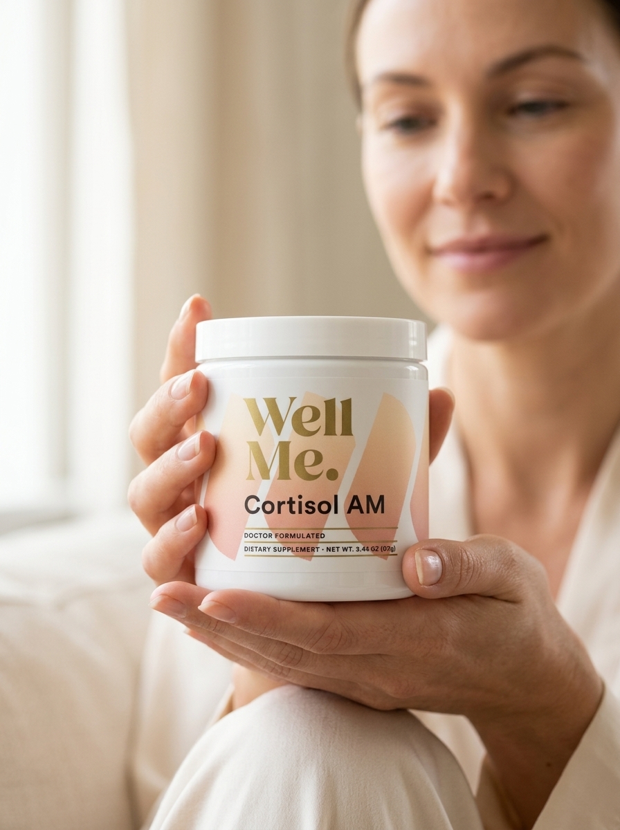 Cortisol AM supplement held in gentle hands