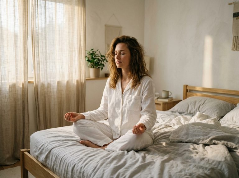 Woman meditating peacefully on bed in morning light