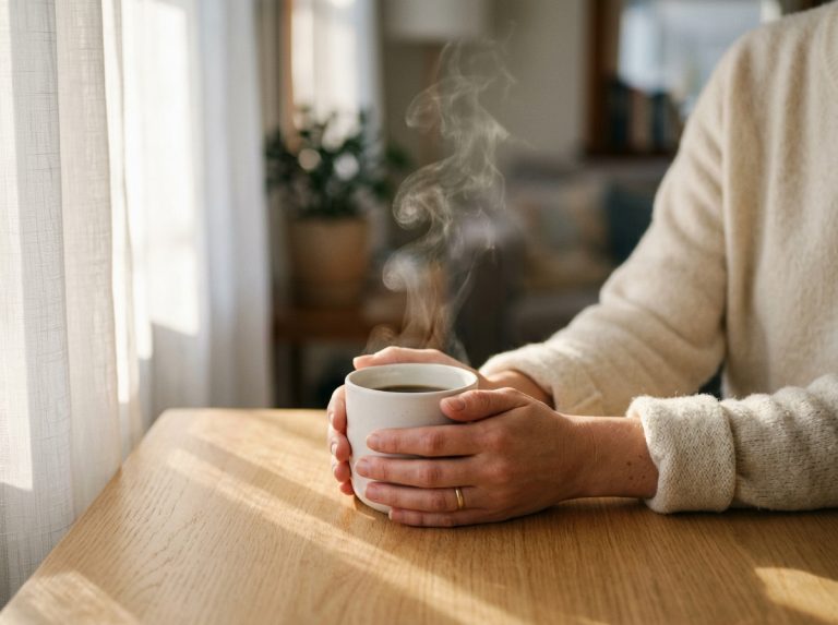 woman holding coffee cup morning light peaceful