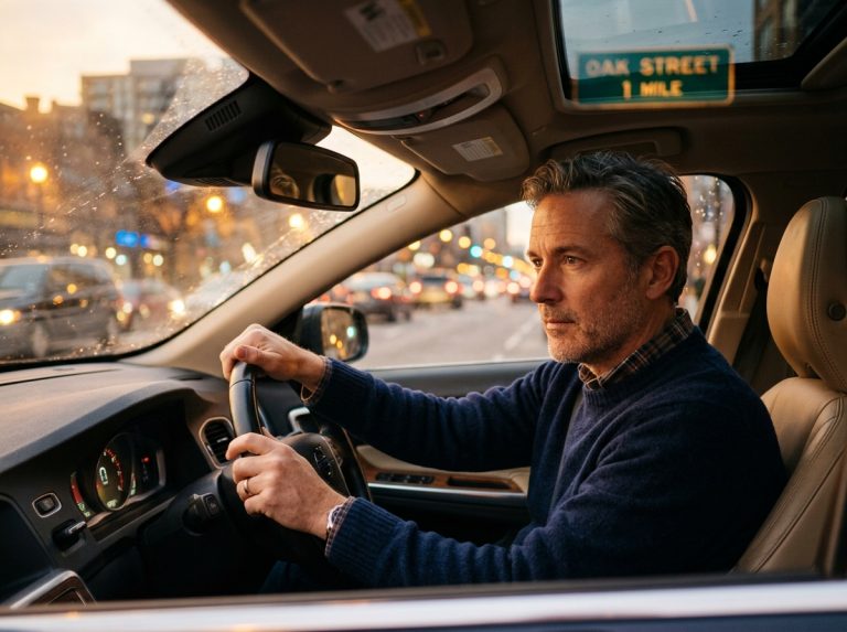 man looking thoughtfully at street sign while driving