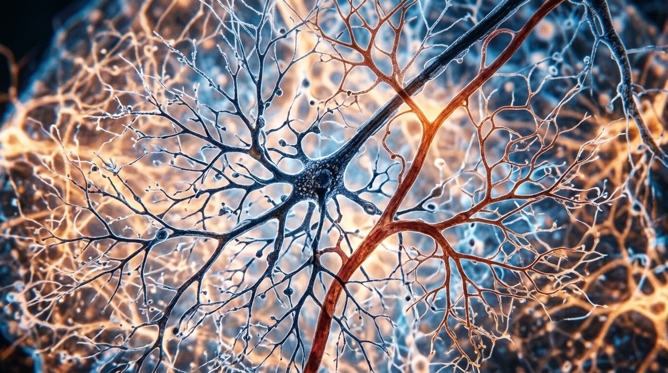 detailed neural pathways and blood vessel networks