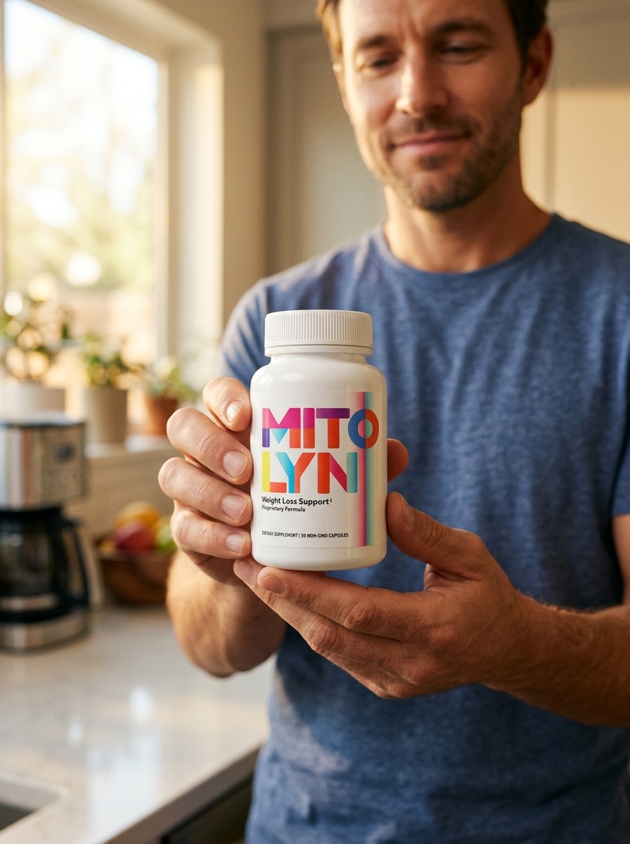 Mitolyn supplement bottle held confidently by man