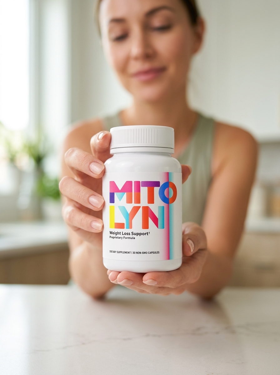 Mitolyn mitochondria supplement bottle held by woman