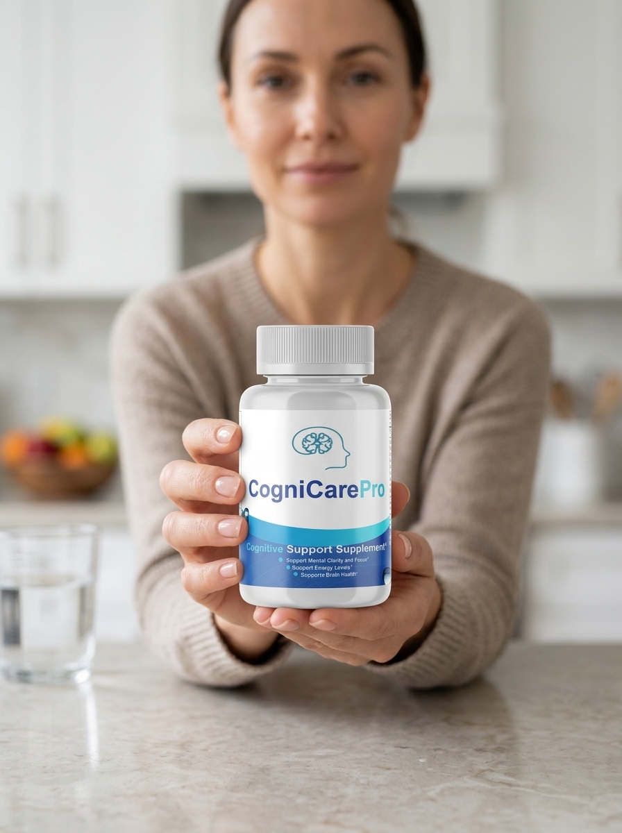 CogniCare Pro brain supplement bottle in woman hands