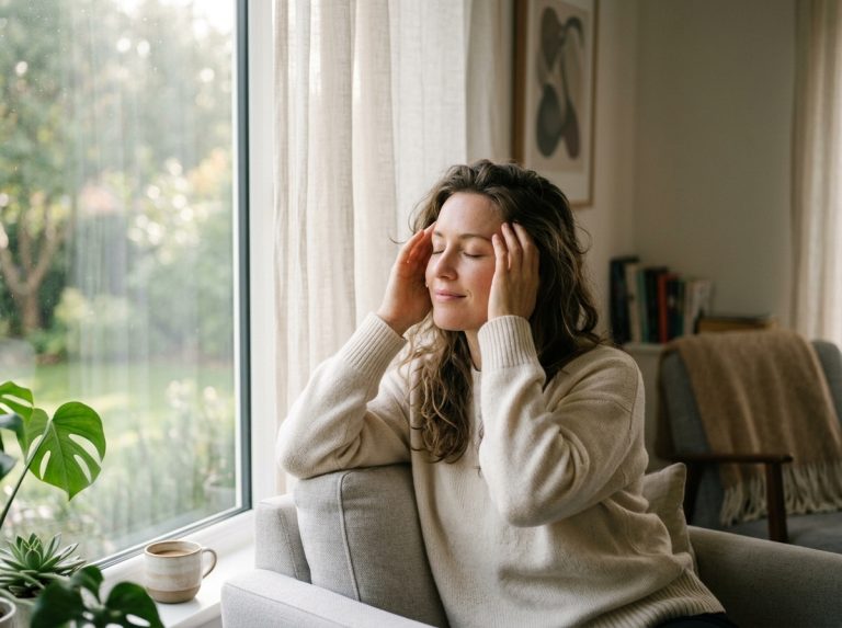 Woman experiencing mental clarity by morning window
