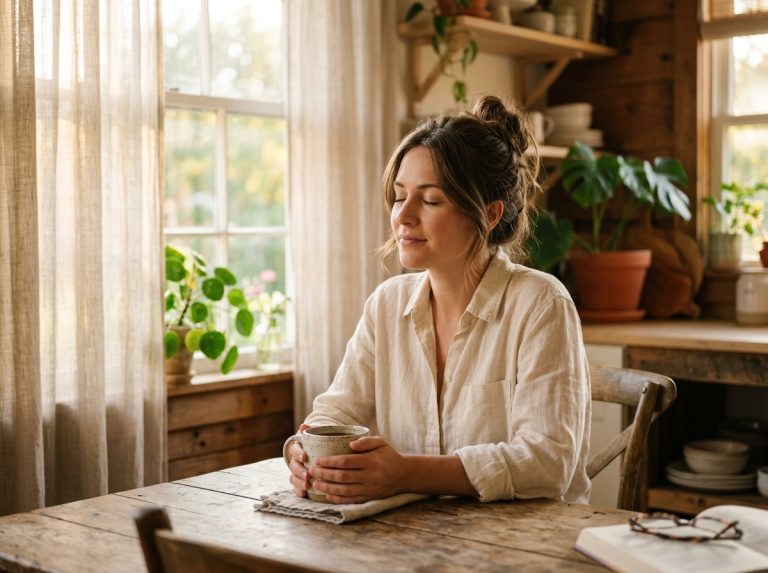 woman enjoying peaceful morning moment with coffee
