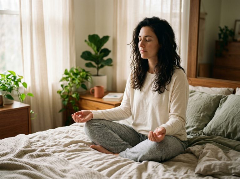 peaceful woman meditating in morning bedroom light