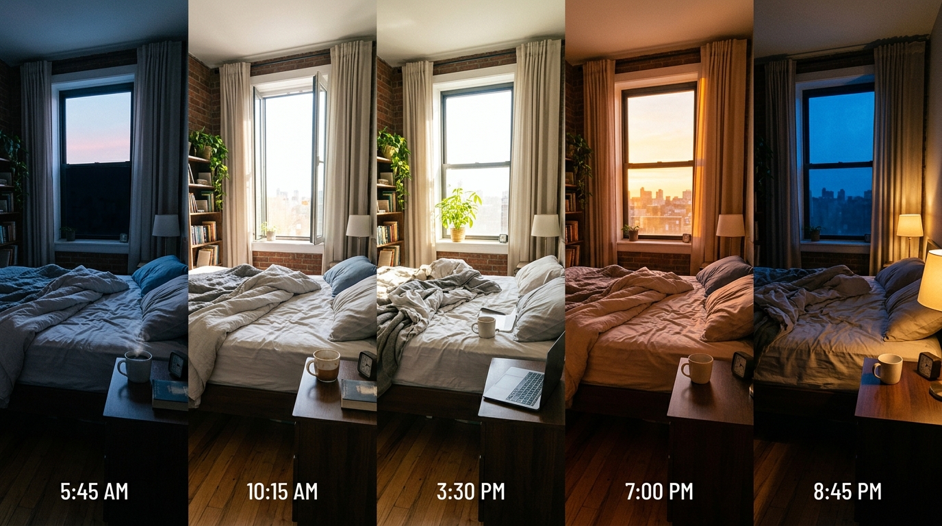 bedroom through different times of day