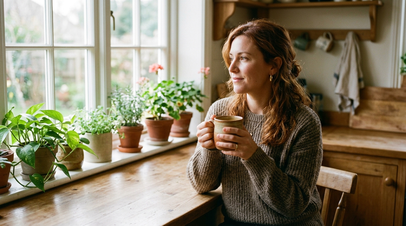 woman having peaceful morning moment with warm drink