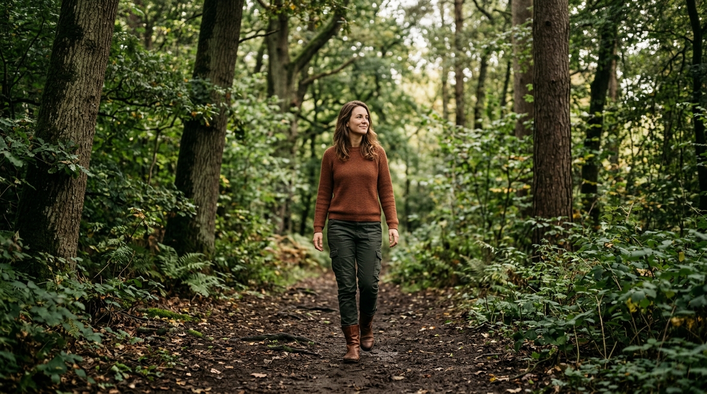 woman walking peacefully through forest path