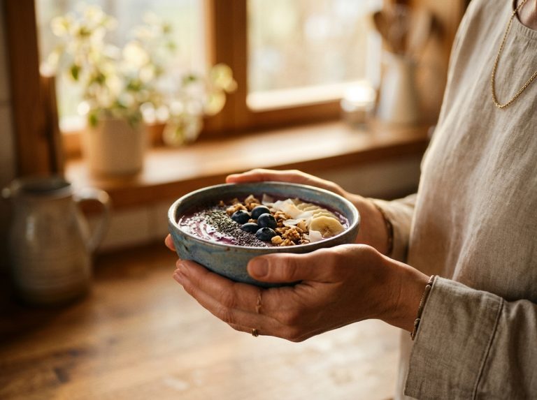 woman holding smoothie bowl morning light