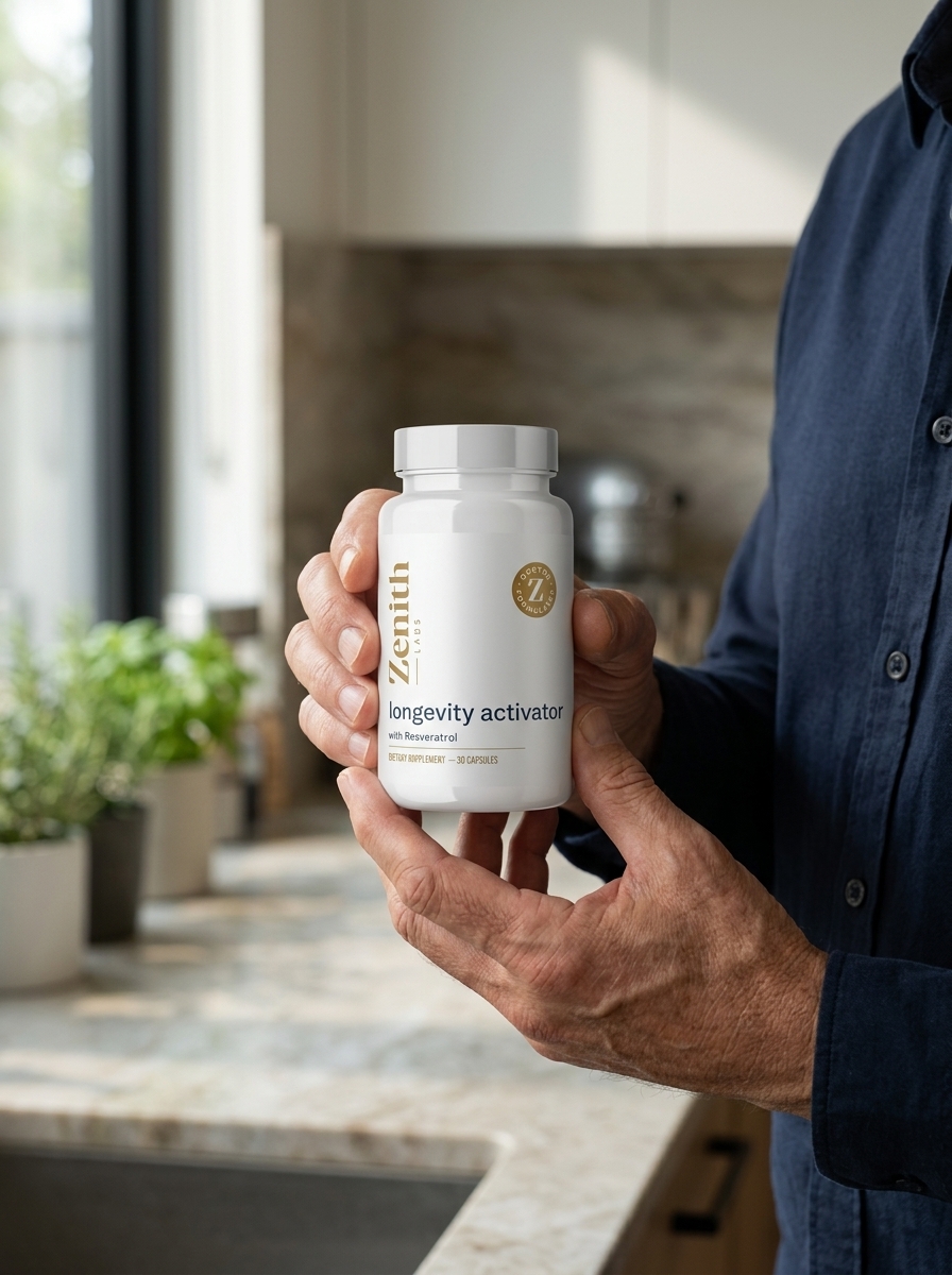 Longevity Activator supplement bottle held by man