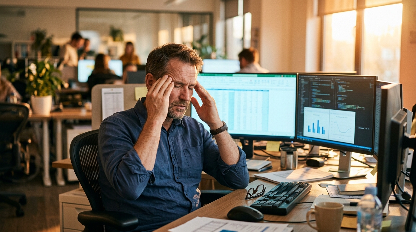 Professional experiencing afternoon mental fatigue at computer