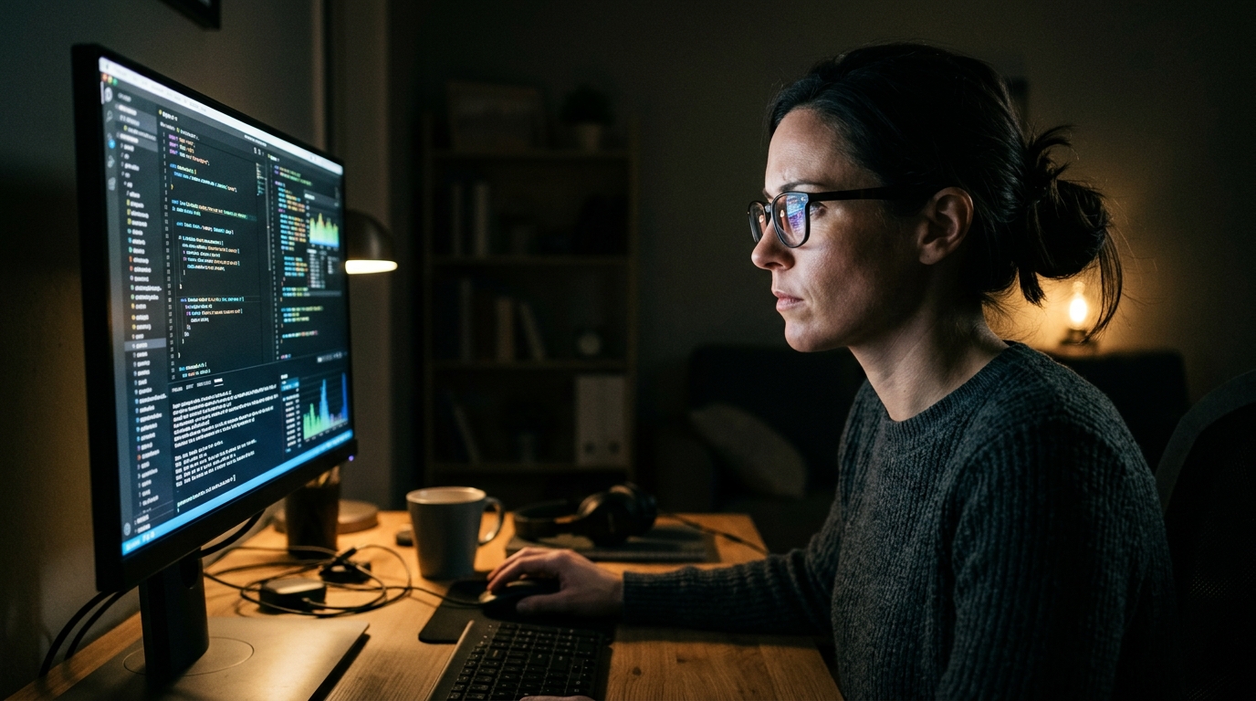 Woman intensely focused on bright computer screen