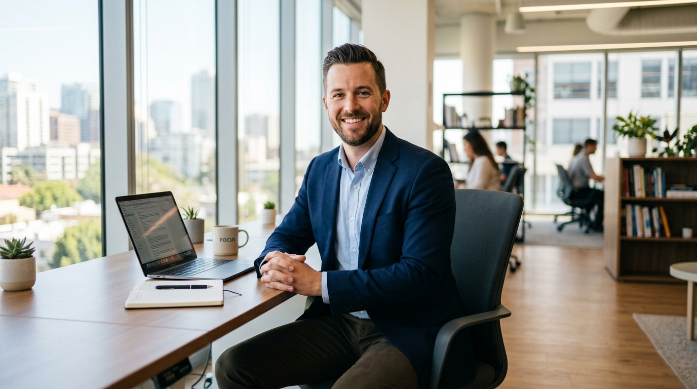 Alert professional in bright modern office space