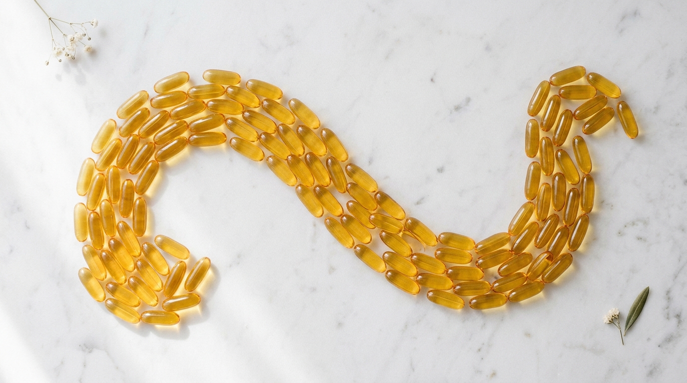 Omega-3 gel capsules arranged in flowing pattern