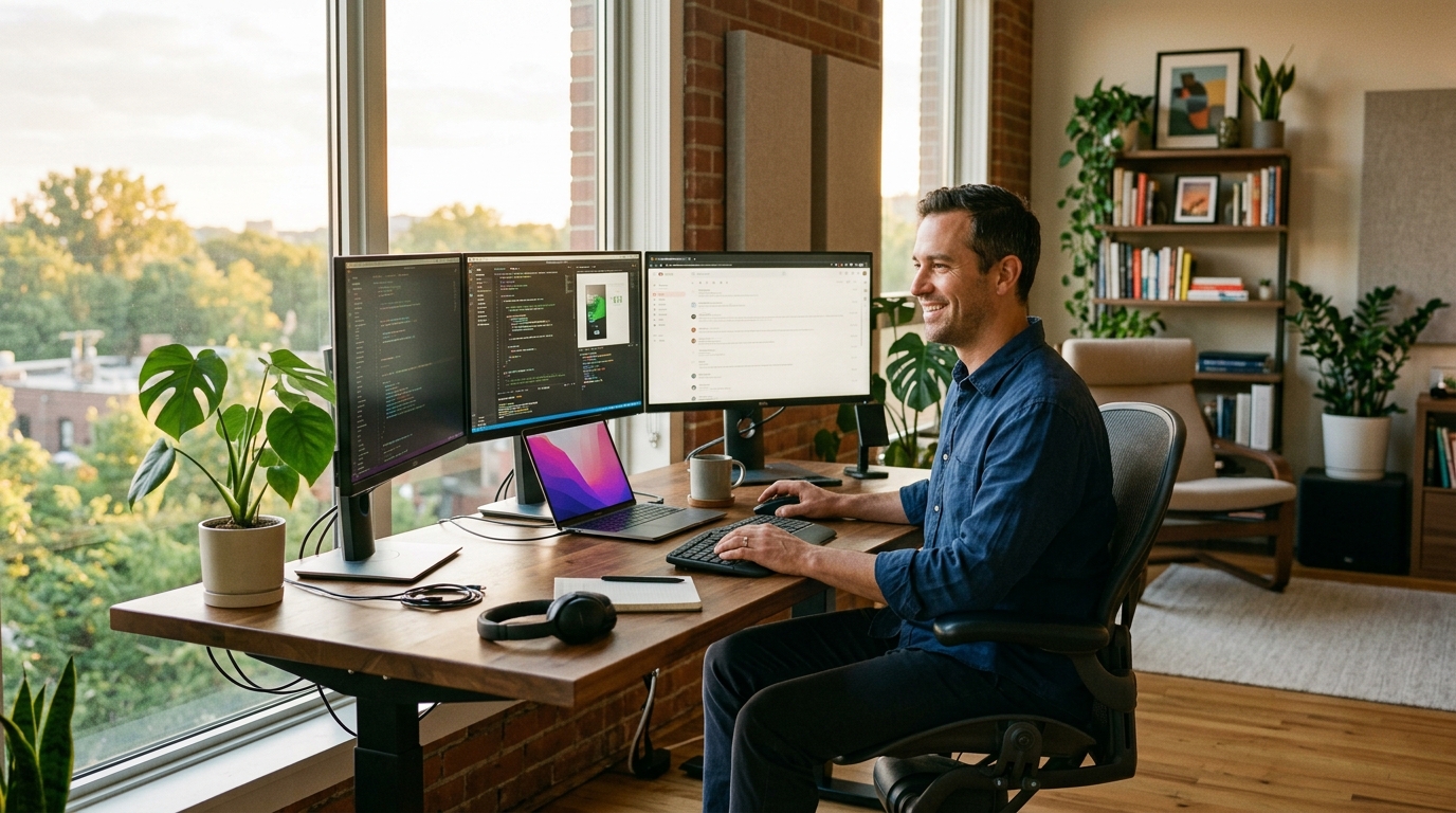 Professional working comfortably at computer in afternoon