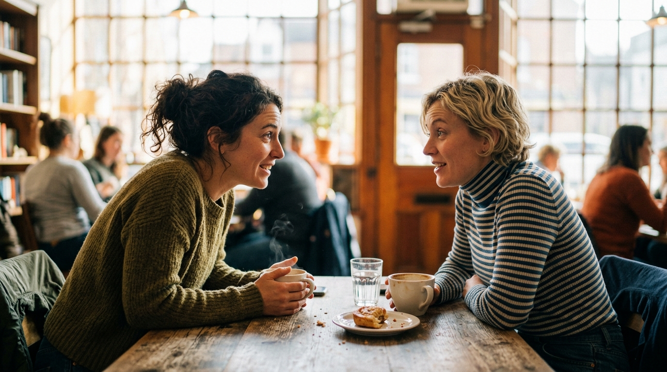 two women cafe conversation morning coffee discovery