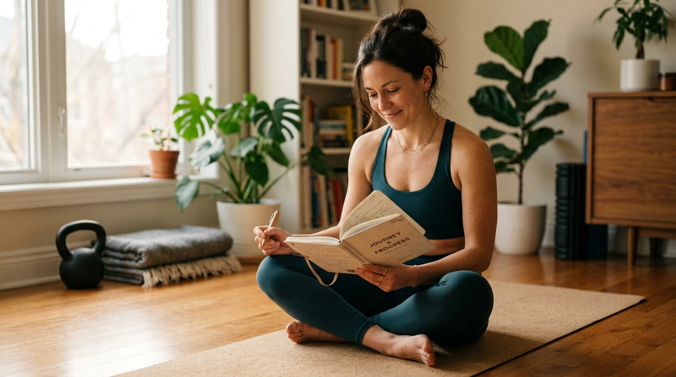 woman reflection fitness journal living room thoughtful
