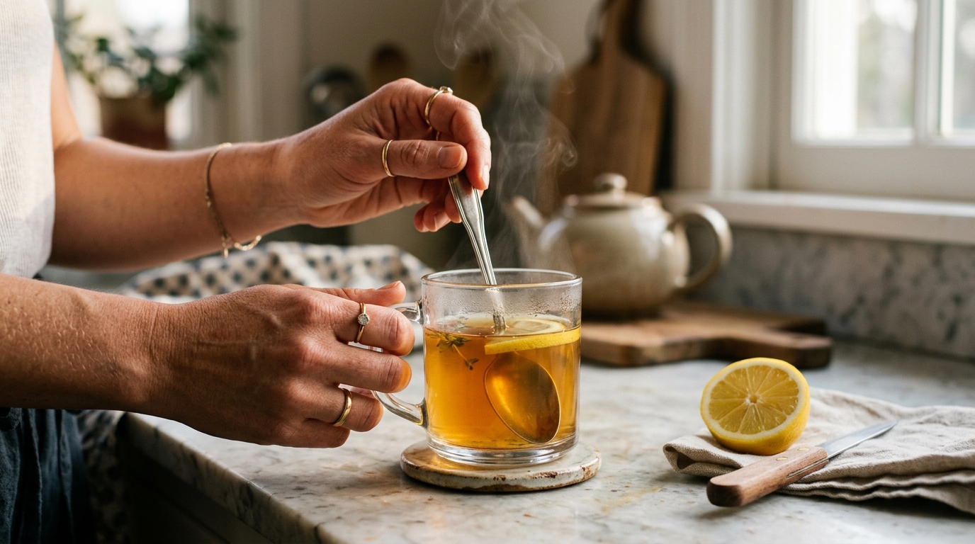 hands stirring warm drink morning kitchen ritual