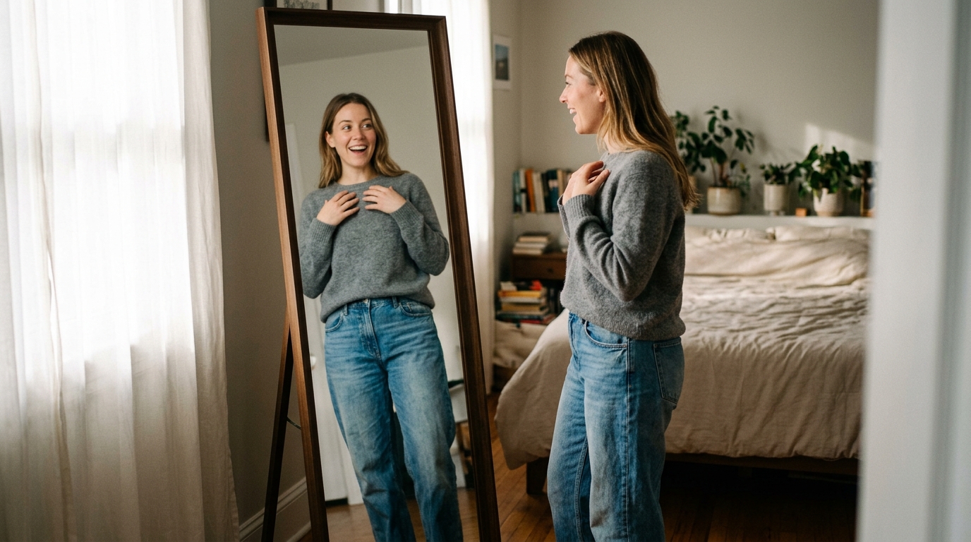 woman mirror reflection surprise satisfaction bedroom morning