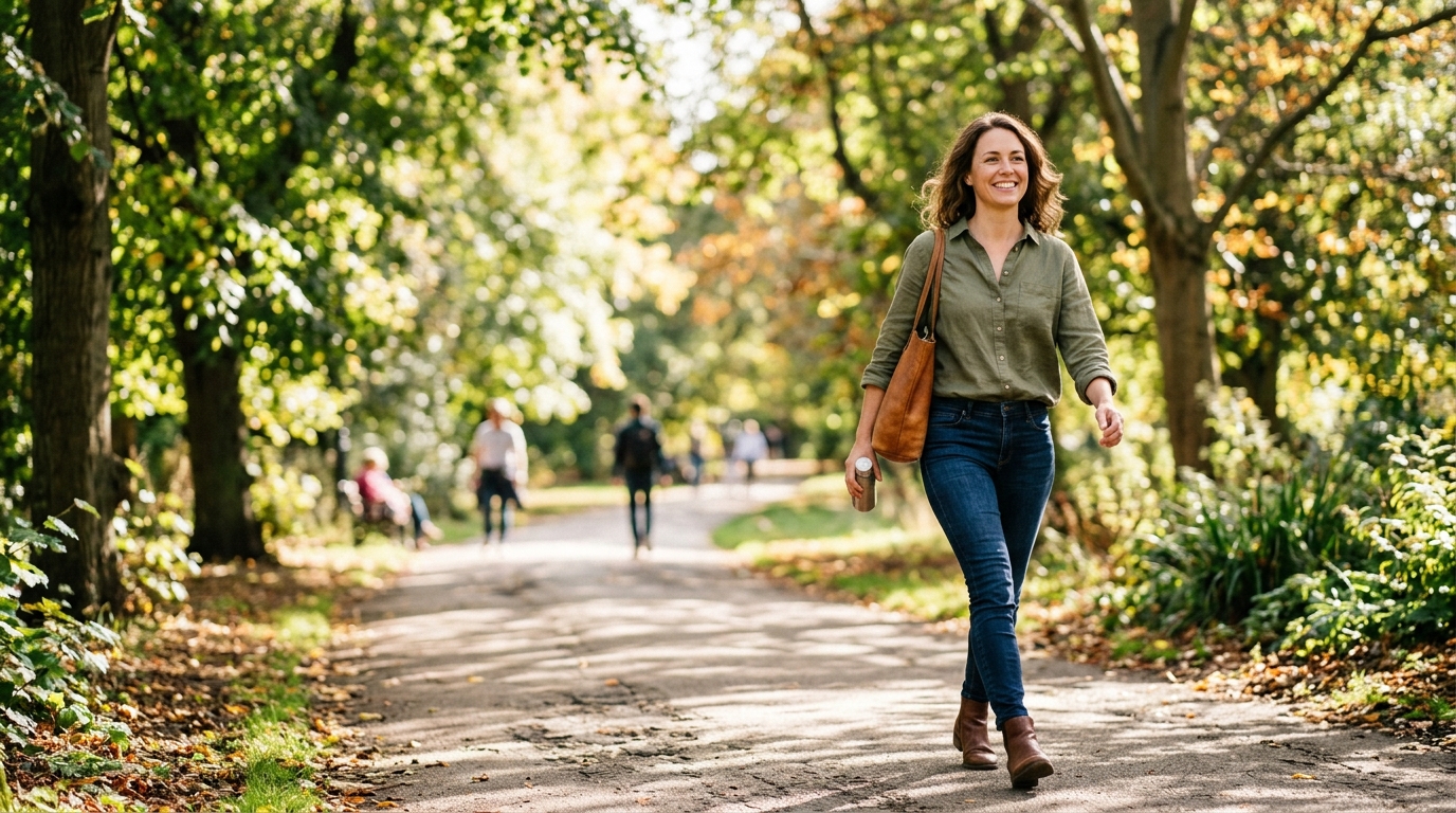woman walking park pathway confident relaxed sunlight