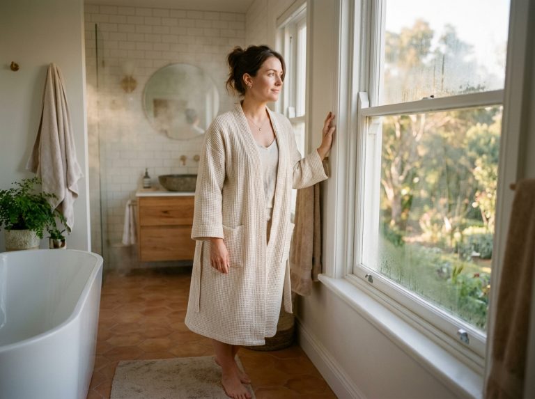 woman contemplating by morning bathroom window