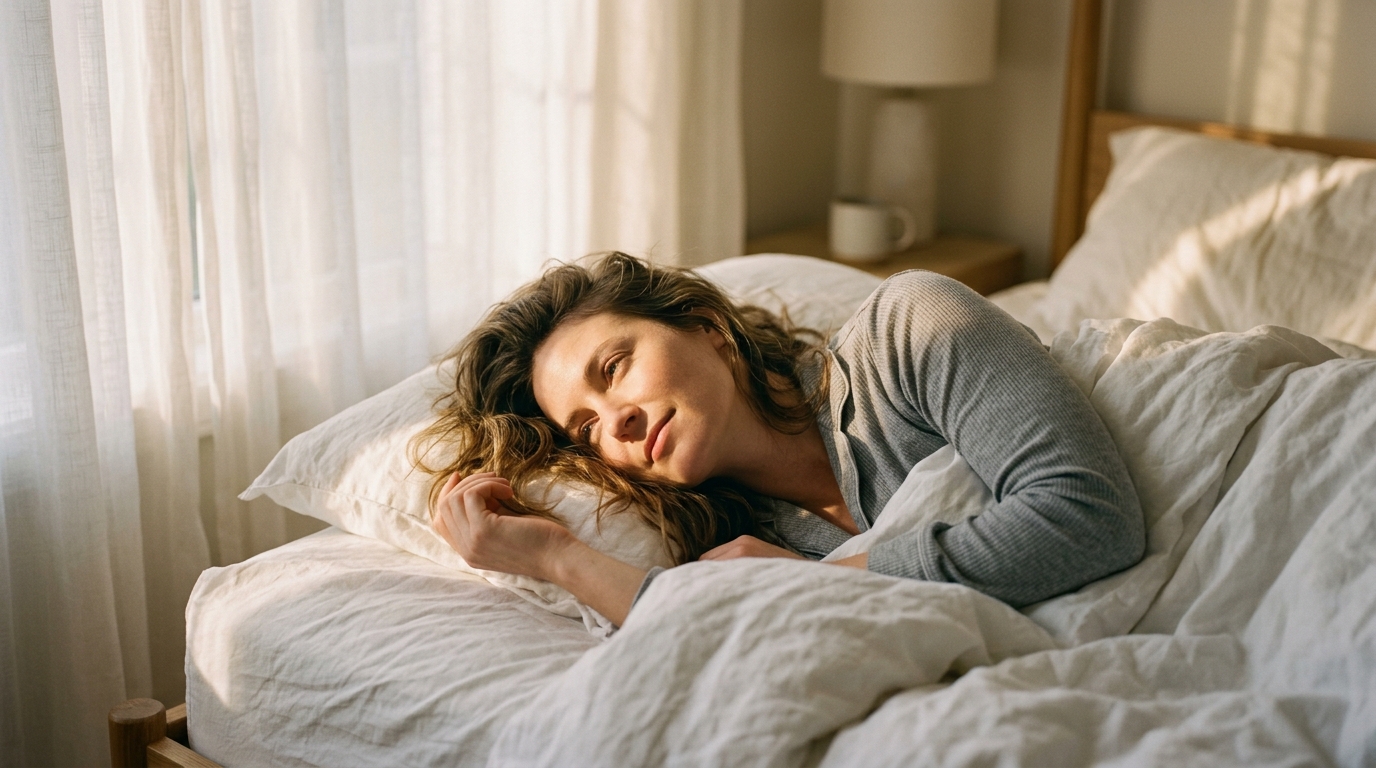 woman peacefully waking up in morning sunlight
