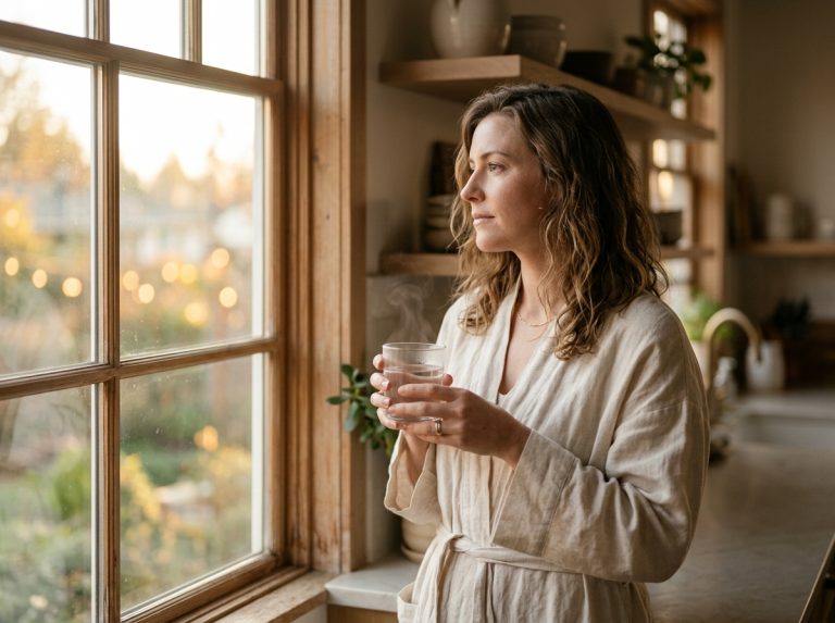 woman contemplating by kitchen window at dawn