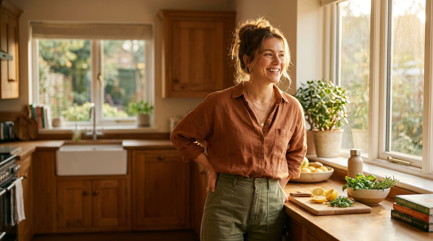 woman radiating vitality in morning light