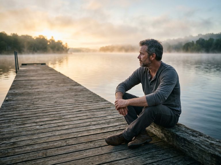 man contemplating at dawn by water