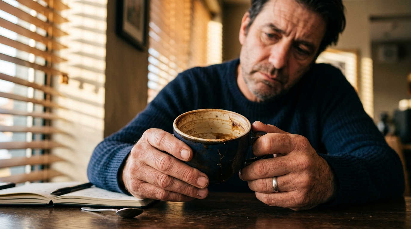 hands holding empty coffee cup with tired expression