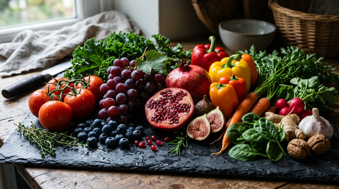 colorful fresh produce arranged on dark surface