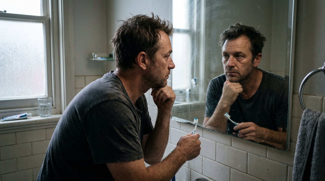 man looking at reflection in morning mirror