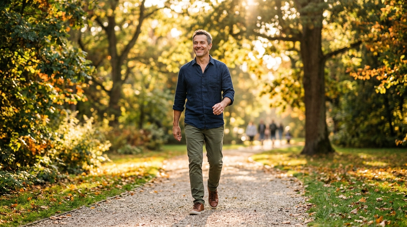 man walking confidently through sunlit park