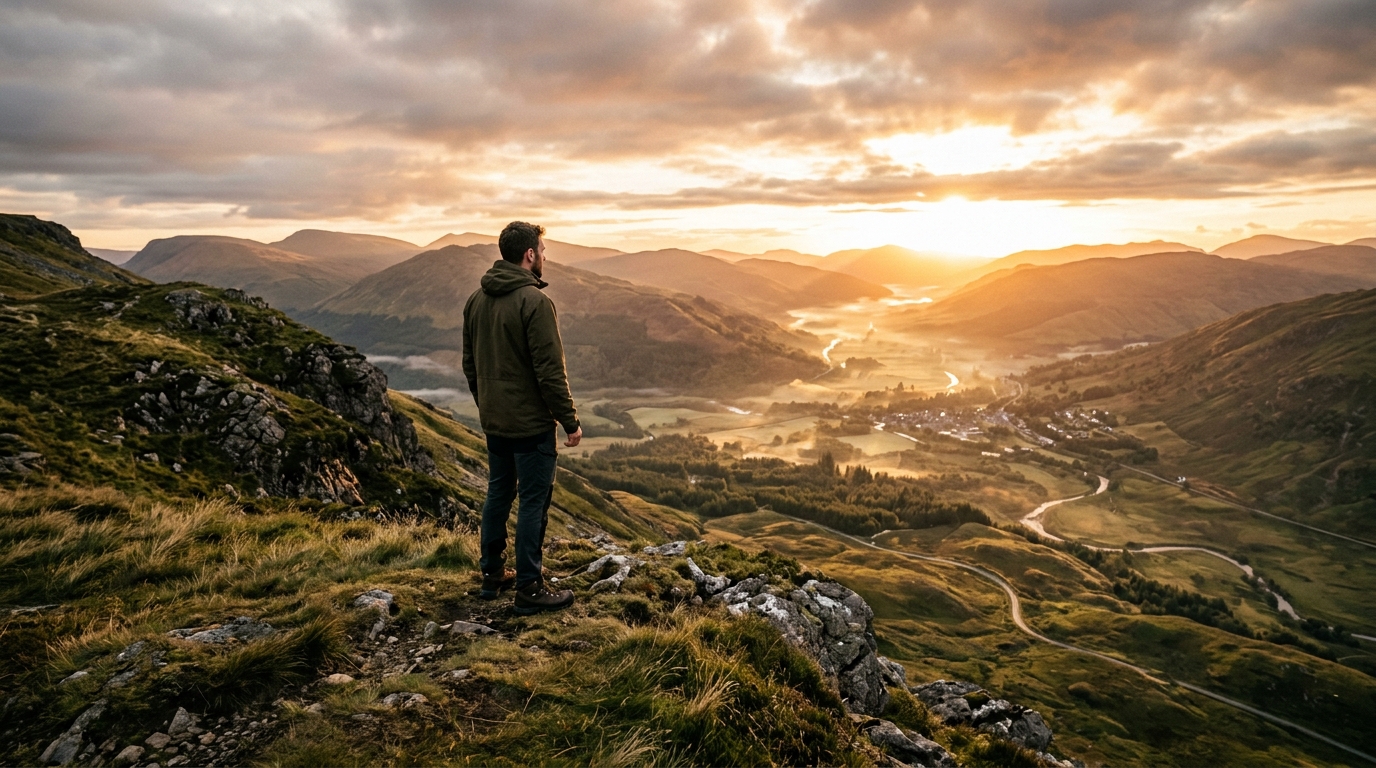 man overlooking valley at sunrise