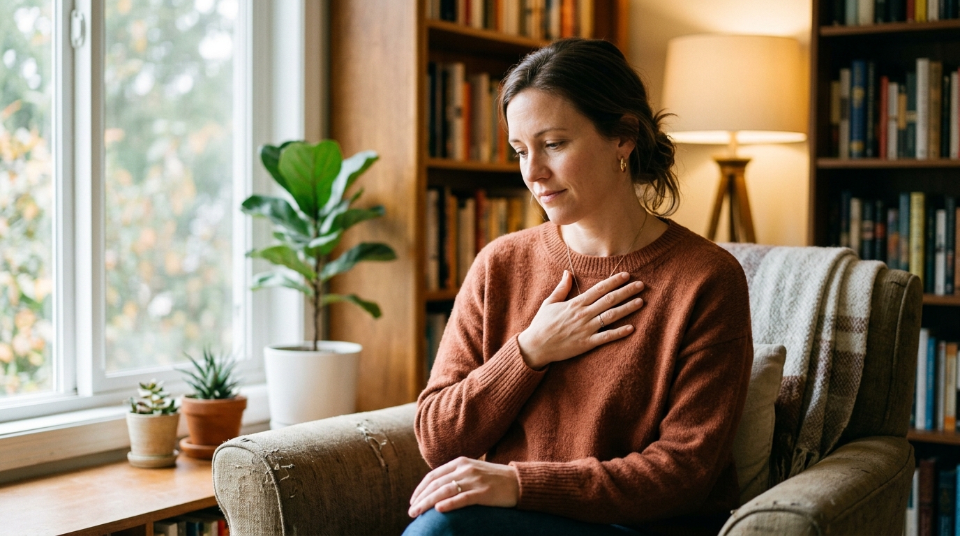 woman in self reflective moment understanding body