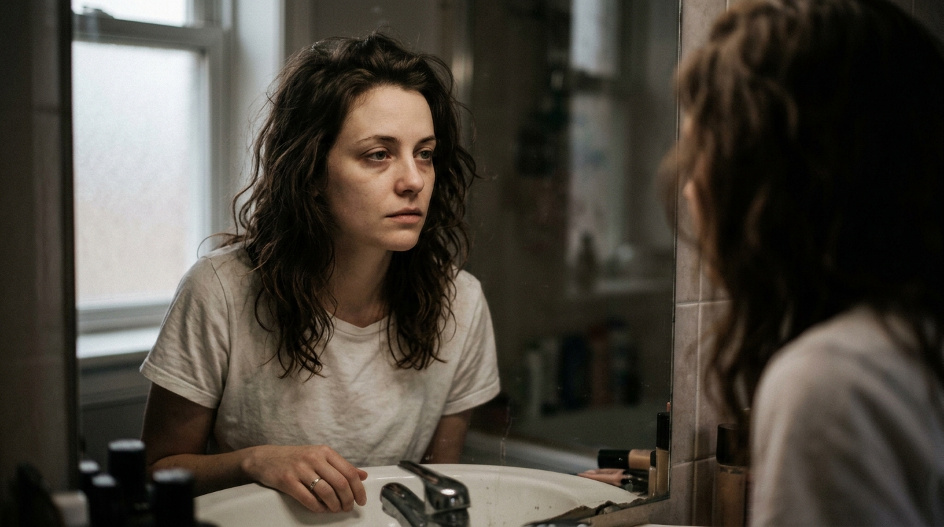 woman examining reflection morning fatigue metabolism