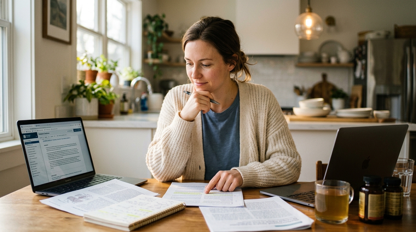 woman researching metabolic support supplements carefully
