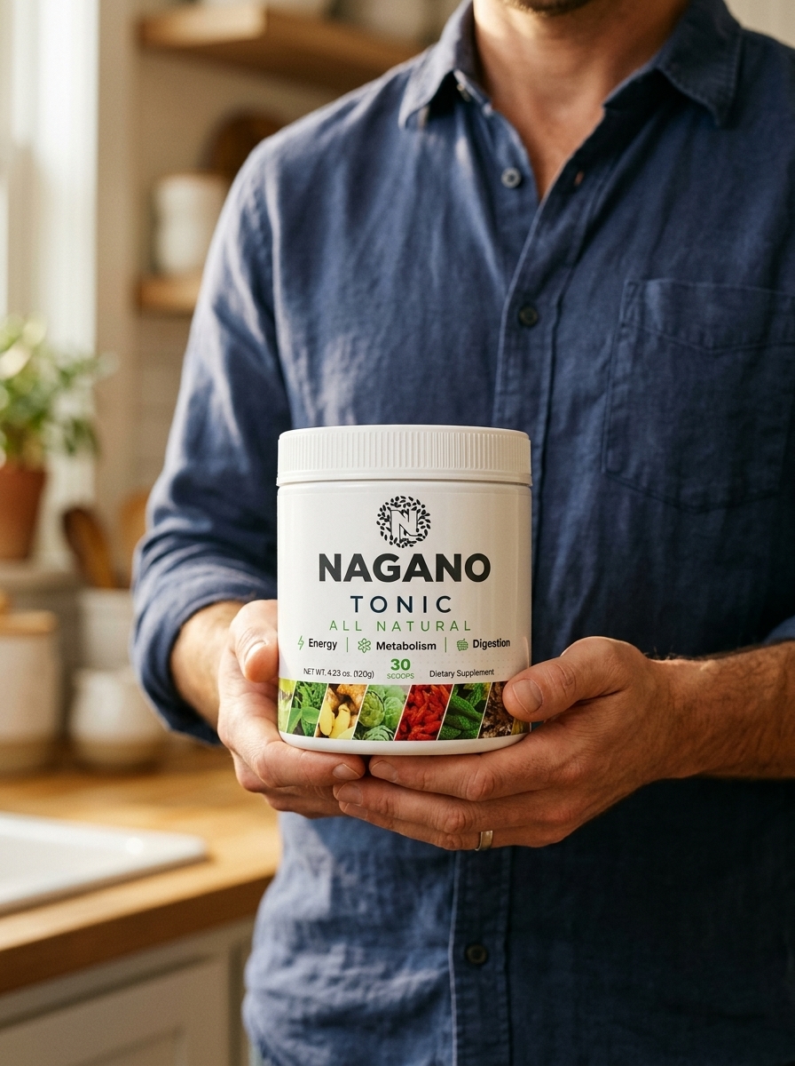 man holding Nagano Tonic metabolism boosting supplement