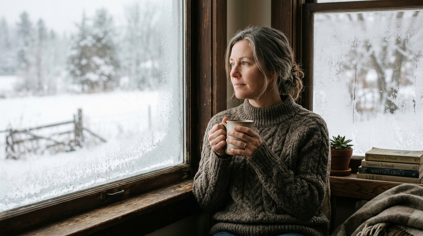 woman sitting peacefully by window with warm drink