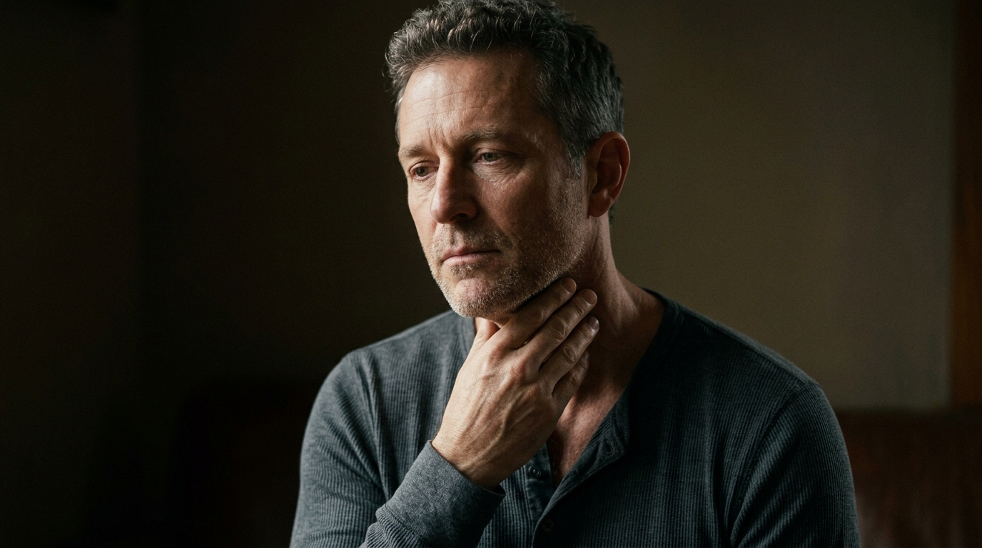 man thoughtfully touching throat and neck area