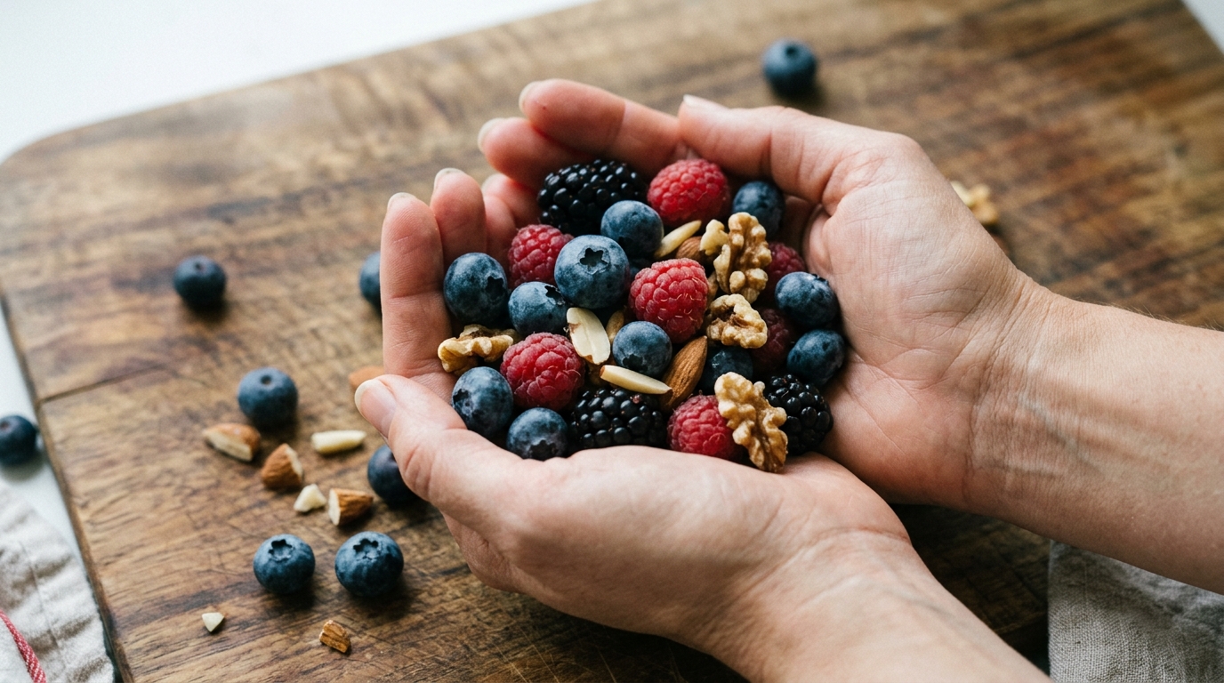 womans hands holding fresh berries and nuts