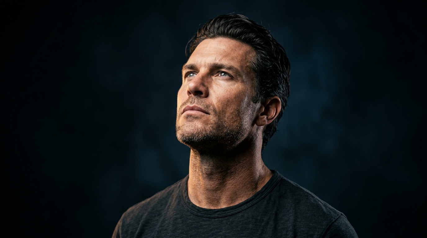 determined man looking upward with confident expression