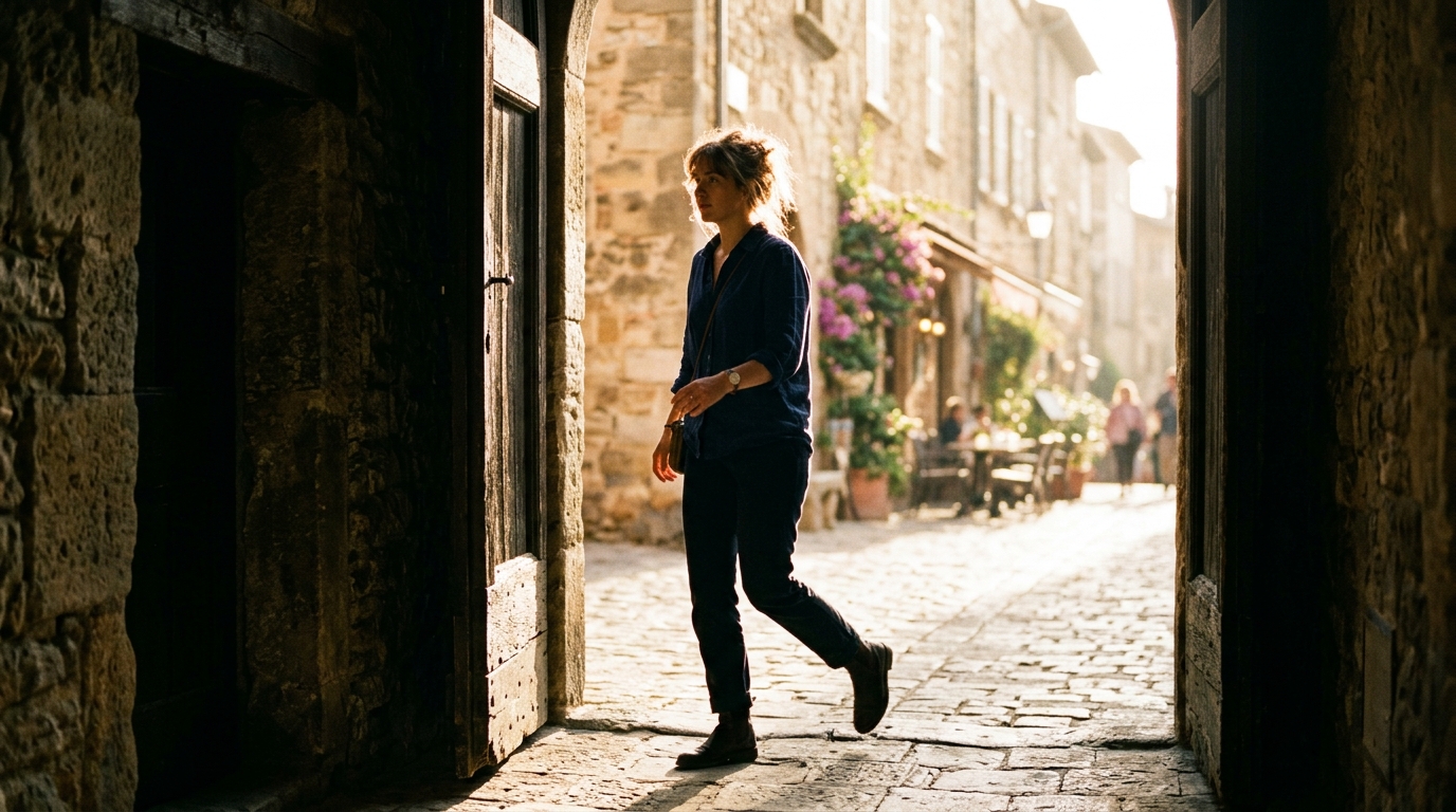 woman stepping from shadow into bright morning sunlight