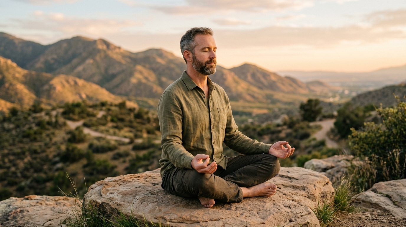 man meditating peacefully outdoors at golden hour