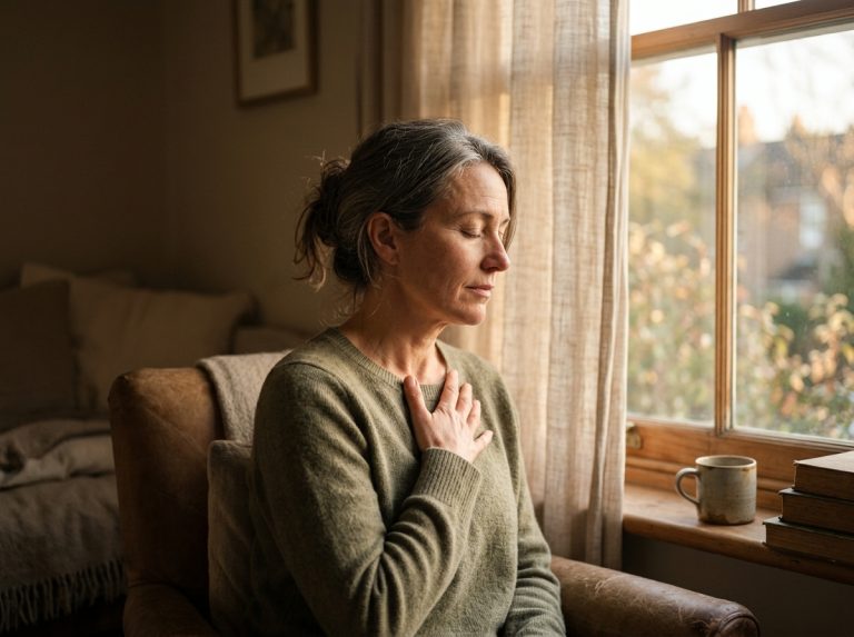 woman experiencing quiet exhaustion by window light